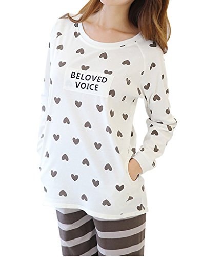 MagicGo Women's Hearts Printed Cute Pajamas Bottoms Set Striped Loose Sleepwear