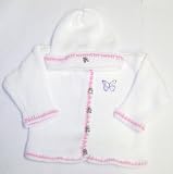 Ck673, Knitted on Hand Knitting Machine White Cotton Trimmed By Hand Crochet with Raspberry Cotton Cardigan Hat for Infant Girls Trimmed with Sequin Butterfly