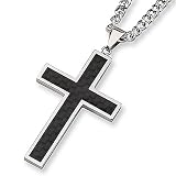 Black Carbon Fiber and Polished Stainless Steel Cross Necklace on 24