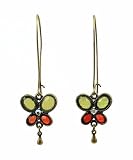 Earrings - E54 - Antique Gold Long Butterfly - Olive & Red