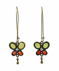 Earrings - E54 - Antique Gold Long Butterfly - Olive & Red