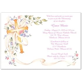 Cross and Flowers Baptism Christening Invitations - Set of 20