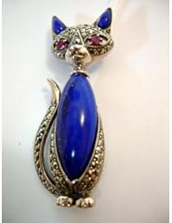 Art Deco Ruby Lapis Pearl Cat Pin