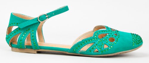 Nature Breeze Ariel-13 Rhinestone Cut Out Ankle Strap Flat Sandal GREEN (6)