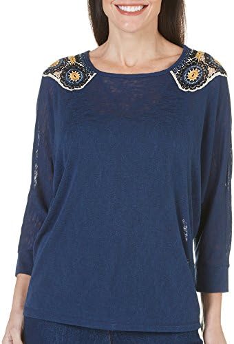 Bobeau Womens Crochet Embroidered Peasant Top X-Small Navy blue
