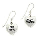 Sterling Silver .925 'Best Friends' 'For Keeps' Puffed Heart Dangle Friendship Earrings