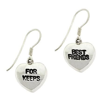 Sterling Silver .925 'Best Friends' 'For Keeps' Puffed Heart Dangle Friendship Earrings