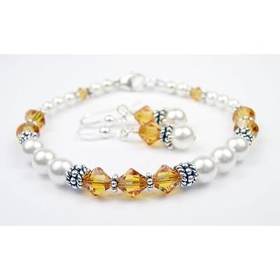 November Yellow Topaz Birthstone Bracelets and Earring SETS: Swarovski Crystal Beaded Pearl Bracelets in Sterling Silver