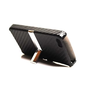 Black Carbon Fiber Leather Feel Snap on Hard Skin Protector Cover Case with Metal Kickstand for Apple Iphone 4 4g 4th Gen + Front and Back Lcd Screen Guard + Microfiber Pouch Bag