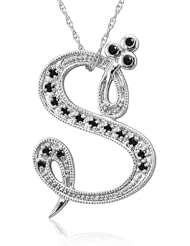 14k White Gold Alphabet Initial Letter S Black Diamond Pendant Necklace-0.12 carat