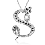 14k White Gold Alphabet Initial Letter S Black Diamond Pendant Necklace-0.12 carat
