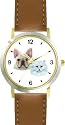 French Bulldog & White Persian Cat JP Dog - WATCHBUDDY&reg; DELUXE TWO-TONE THEME WATCH - Arabic Numbers - Brown Leather Strap-Size-Large ( Men's Size or Jumbo Women's Size )