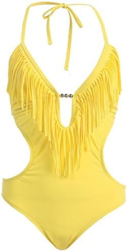 Marina West Women's Fringed Plunge Monokini Swimsuit,Small,Yellow