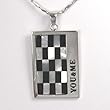 Large Interlock Mother of Pearl & Black Onyx Rectangular Silver Pendant w. Silver Chain Necklace