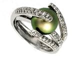 Natural Black, Tahitian South Sea Pearl, Set in 18K White Gold Ring, Enhanced with Pave set Diamonds