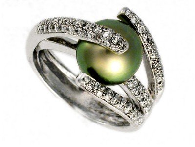 Natural Black, Tahitian South Sea Pearl, Set in 18K White Gold Ring, Enhanced with Pave set Diamonds