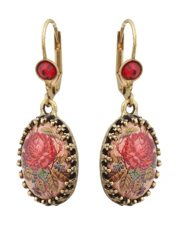 Michal Negrin Vintage Cameo Earrings with Flower Pattern and Red Swarovski Crystals - Victorian Style, very feminine