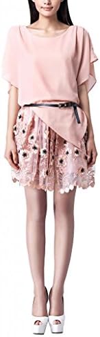 Parabuy Women's Flouce Bat-wing Lace Flower Decoration Belted Crewneck Dress, Pink, 2
