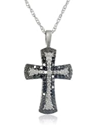 Sterling Silver Black and White Diamond Cross Pendant Necklace (1/4 cttw), 18"