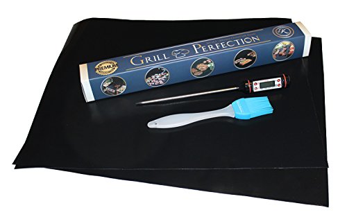 BBQ Grill Mats NonStick Baking Oven Liner w/ Food Thermometer & Silicone Basting Brush Combo Set
