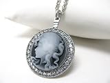 Beautiful Large Round Framed Gray/Blue Cameo Woman Necklace with White/Ice Crystal Accents Antique Silver Tone Long Chain 24"