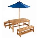 Table & Benches with Blue Umbrella