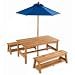 Table & Benches with Blue Umbrella