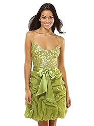 A-line Natural   Waistline Organza Short Sequined Gathered Spaghetti Strap Scoop Neck Prom Dress  With a Sash 