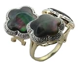 Black Mother Of Pearl Starral Earring and Ring Set with Diamond Outline, 14k Gold