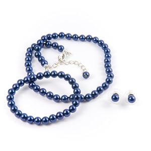 Dark Blue 6mm Glass Pearl Necklace, Bracelet and Earring