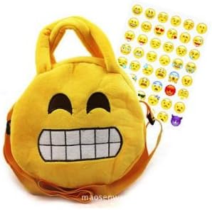 Smiley Face Handbag, Emoji Grimace. Soft plush with handles and shoulder strap. 8 inch wide. Free Emoji stickers.
