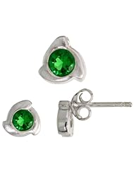 Sterling Silver Matte-finish Fancy Stud Earrings (6mm) & Pendant Slide (8mm tall) Set, w/ Brilliant Cut Emerald-colored CZ Stones