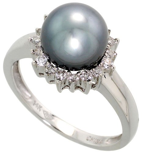 41Qaa2u4TCL 14k White Gold Ring, w/ 0.24 Carat Brilliant Cut Diamonds & 8.0mm Tahitian Black Pearl, 7/16 in. (11mm) wide