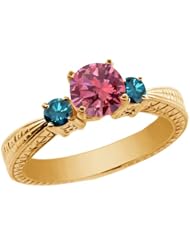 0.99 Ct Round Pink and Blue Diamond 14K Yellow Gold 3-Stone Ring