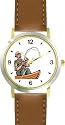 Old Fisherman or Man in Boat Fishing - WATCHBUDDY&reg; DELUXE TWO-TONE THEME WATCH - Arabic Numbers - Brown Leather Strap-Children's Size-Small ( Boy's Size & Girl's Size )