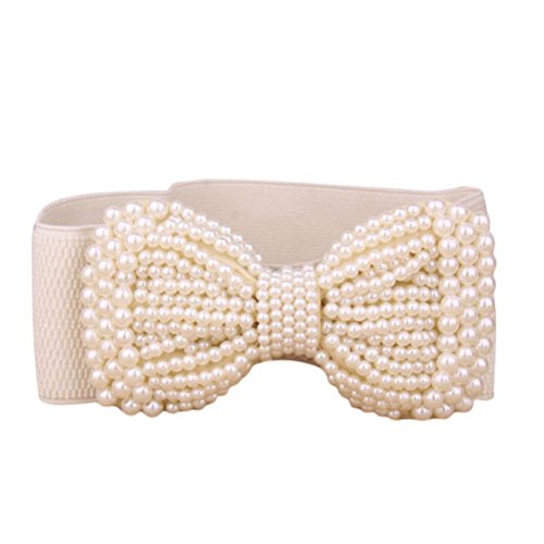 Creazy® Fashion Lady Bowknot Stretch Elastic Wide Belt Pearl Waist Belt (Khaki)
