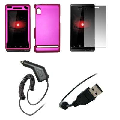 Premium Hot Pink Rubberized Snap-On Cover Hard Case Cell Phone Protector + Crystal Clear LCD Screen Protector + Rapid Car Charger + USB Data Charge Sync Cable for Motorola Droid A855 [Accessory Export Packaging]
