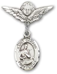 Sterling Silver Baby Badge with St. Gerard Charm and Angel with Wings Badge Pin
