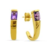 14K Yellow Gold 6x4mm Emerald Cut Amethyst 'J' Hoop Earrings