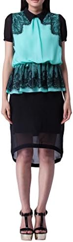 Parabuy Women's Elastic Short Sleeve Pleated Lace Decoration Chiffon Dress, Blue, 2