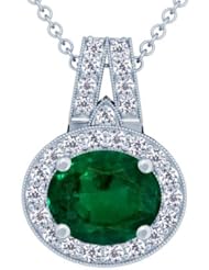 18K White Gold Oval Cut Emerald And Round Diamond Pendant