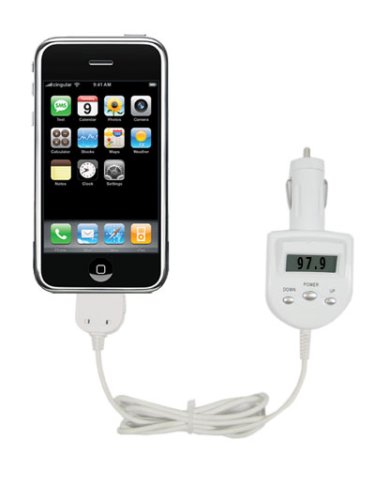 WHITE FM Transmitter & Car Charger with LCD Screen - for for Apple iPod / Iphone / Itouch / Nano - High Quality digital Sound - Automatically powers and recharges battery