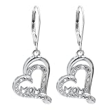 Diamond Heart with Mom Lever Back Earrings in Sterling Silver