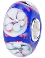 Gorgeous White Flowers Blue Murano Lampwork Glass Bead Charm Solid 925 Sterling Silver Core Compatible with Pandora Trollbeads Chamilia European Charm Bracelet