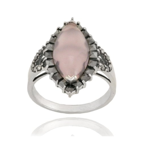Sterling Silver Marcasite and Rose Quartz Colored Glass Marquise Ring, Size 5