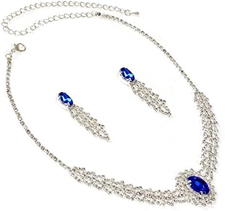 Greatmate Silver Sapphire Oval Necklace Chandelier Dangle Earrings Jewelry Set
