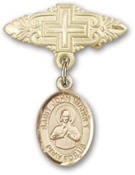 14K Gold Baby Badge with St. John Vianney Charm and Badge Pin with Cross