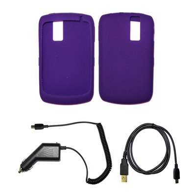 Purple Silicone Gel Skin Cover Case + Rapid Car Charger + USB Data Charging Sync Cable for Blackberry Curve 8300 / 8310 / 8320 / 8330
