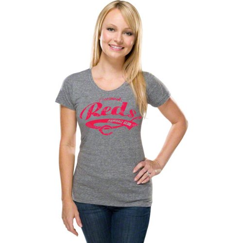 Cincinnati Reds Women's Grey S/S Wide Scoop with Contrast Bite Stitch Tri-blend T-shirt