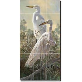 "Graceful Egrets" by Robert Binks - Artwork On Tile Ceramic Mural 36" x 18" Wall Shower Backsplash
